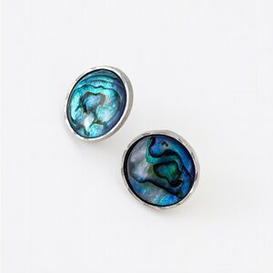 Blue Green Abalone Shell Silver Tone Pierced Stud Earrings